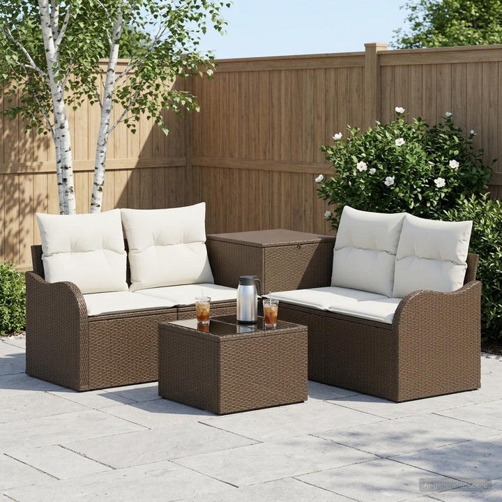 Sofa Sæt 6 stk. Brun og Creme Hvid Poly Rattan og Stål