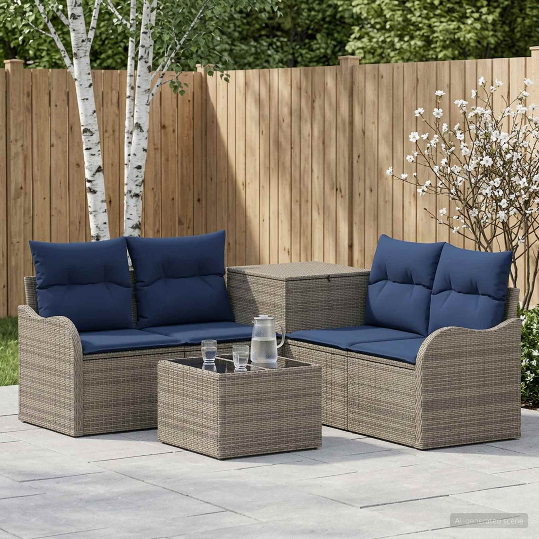 Sofa Sæt 6 stk. Grå og Marineblå Poly Rattan og Stål