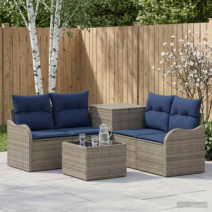Sofa Sæt 6 stk. Grå og Marineblå Poly Rattan og Stål