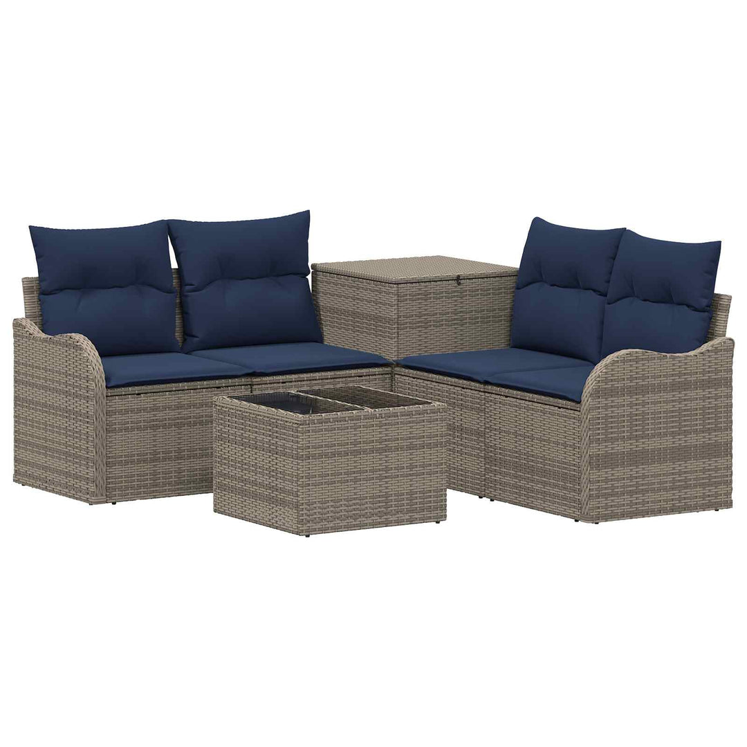 Sofa Sæt 6 stk. Grå og Marineblå Poly Rattan og Stål