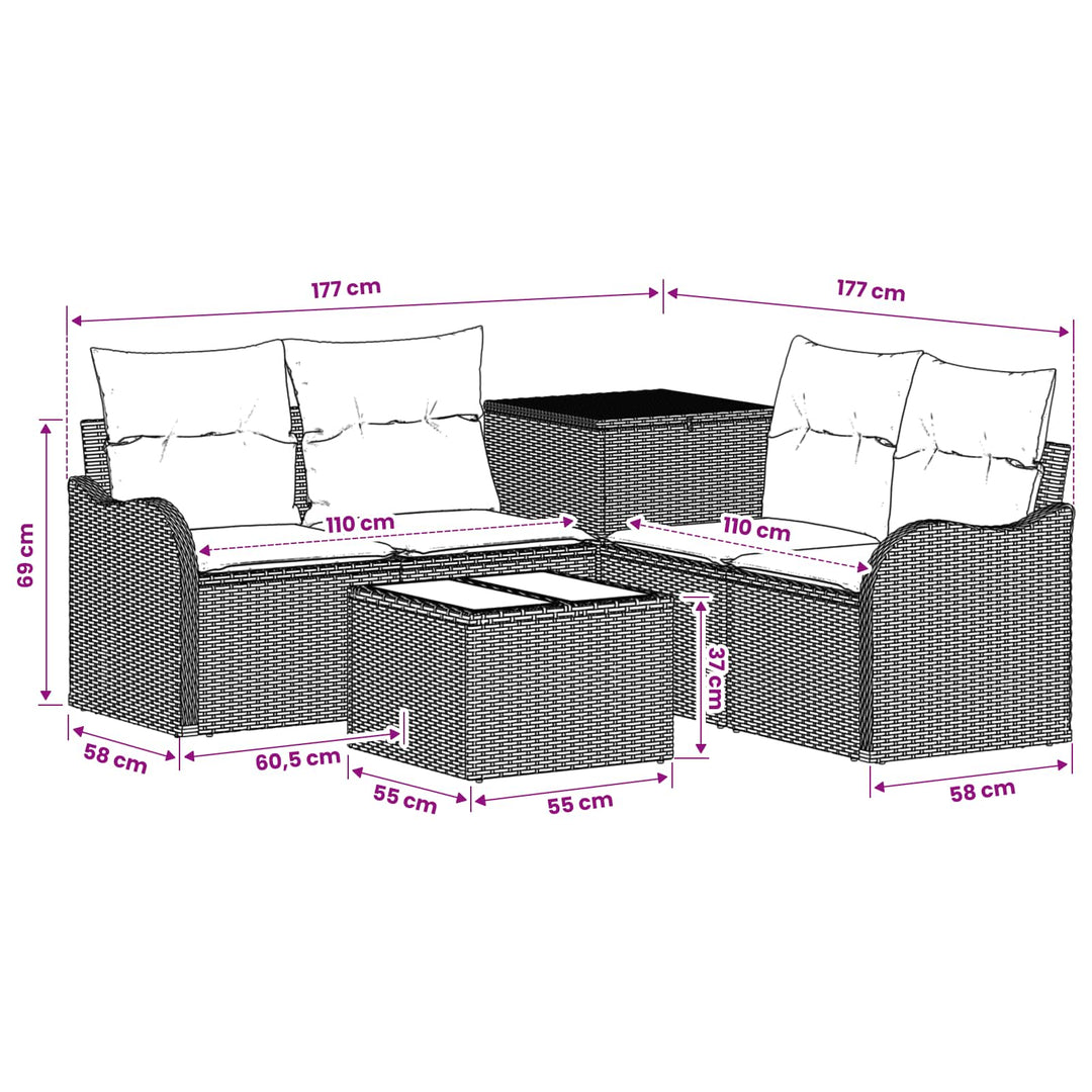 Sofa Sæt 6 stk. Grå og Marineblå Poly Rattan og Stål