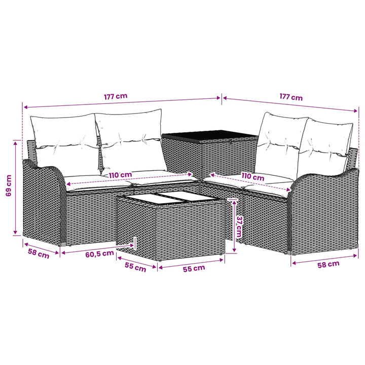 Sofa Sæt 6 stk. Beige og lys grå Poly Rattan og Stål