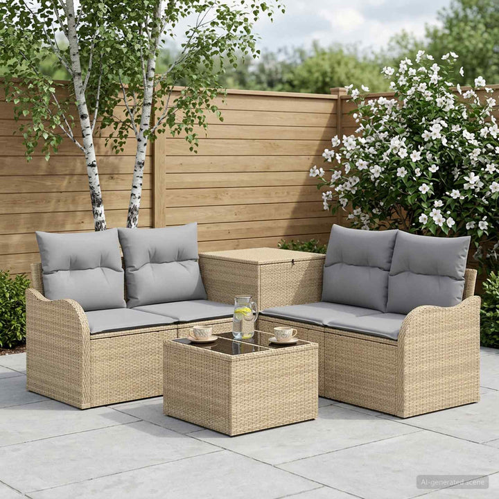Sofa Sæt 6 stk. Beige og lys grå Poly Rattan og Stål
