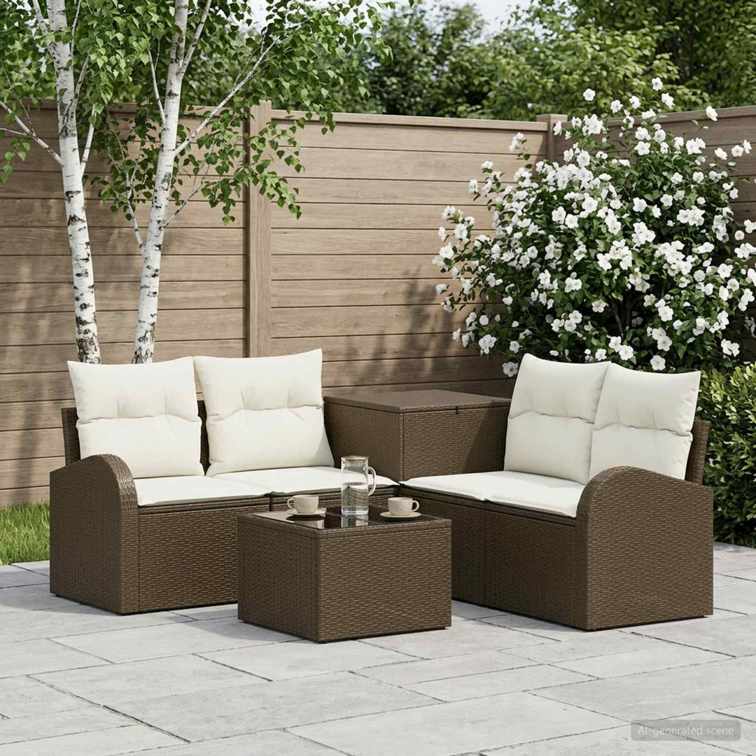 Sofa Sæt 6 stk. Brun og Creme Hvid Poly Rattan og Stål
