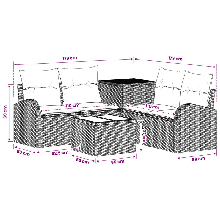 Sofa Sæt 6 stk. Beige og cremehvid Poly Rattan og Stål