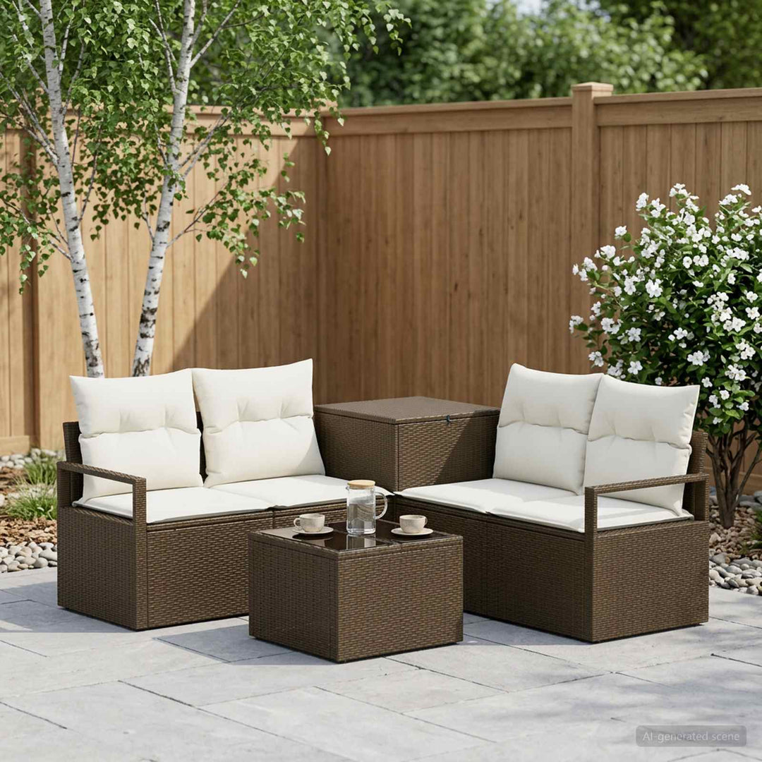 Sofa Sæt 6 stk. Brun og Creme Hvid Poly Rattan og Stål