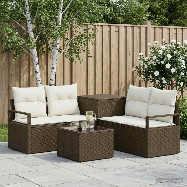 Sofa Sæt 6 stk. Brun og Creme Hvid Poly Rattan og Stål