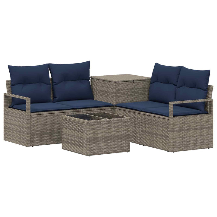 Sofa Sæt 6 stk. Grå og Marineblå Poly Rattan og Stål