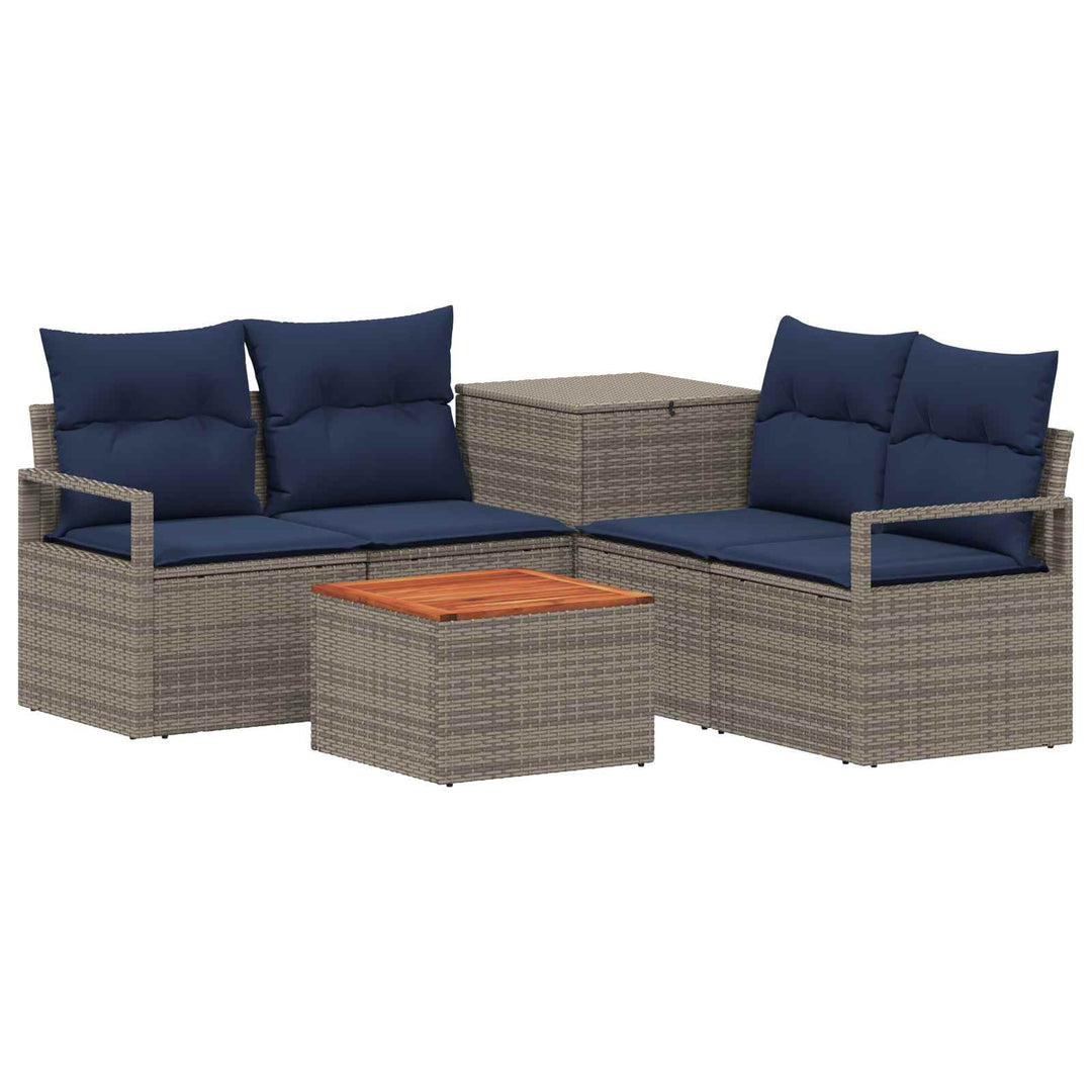 Sofa Sæt 6 stk. Grå og Marineblå Poly Rattan og Stål