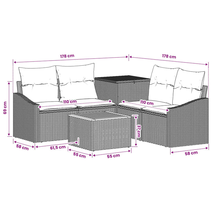 Sofa Sæt 6 stk. Sort Poly Rattan og Stål