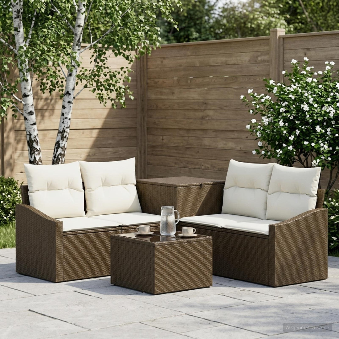 Sofa Sæt 6 stk. Brun og Creme Hvid Poly Rattan og Stål