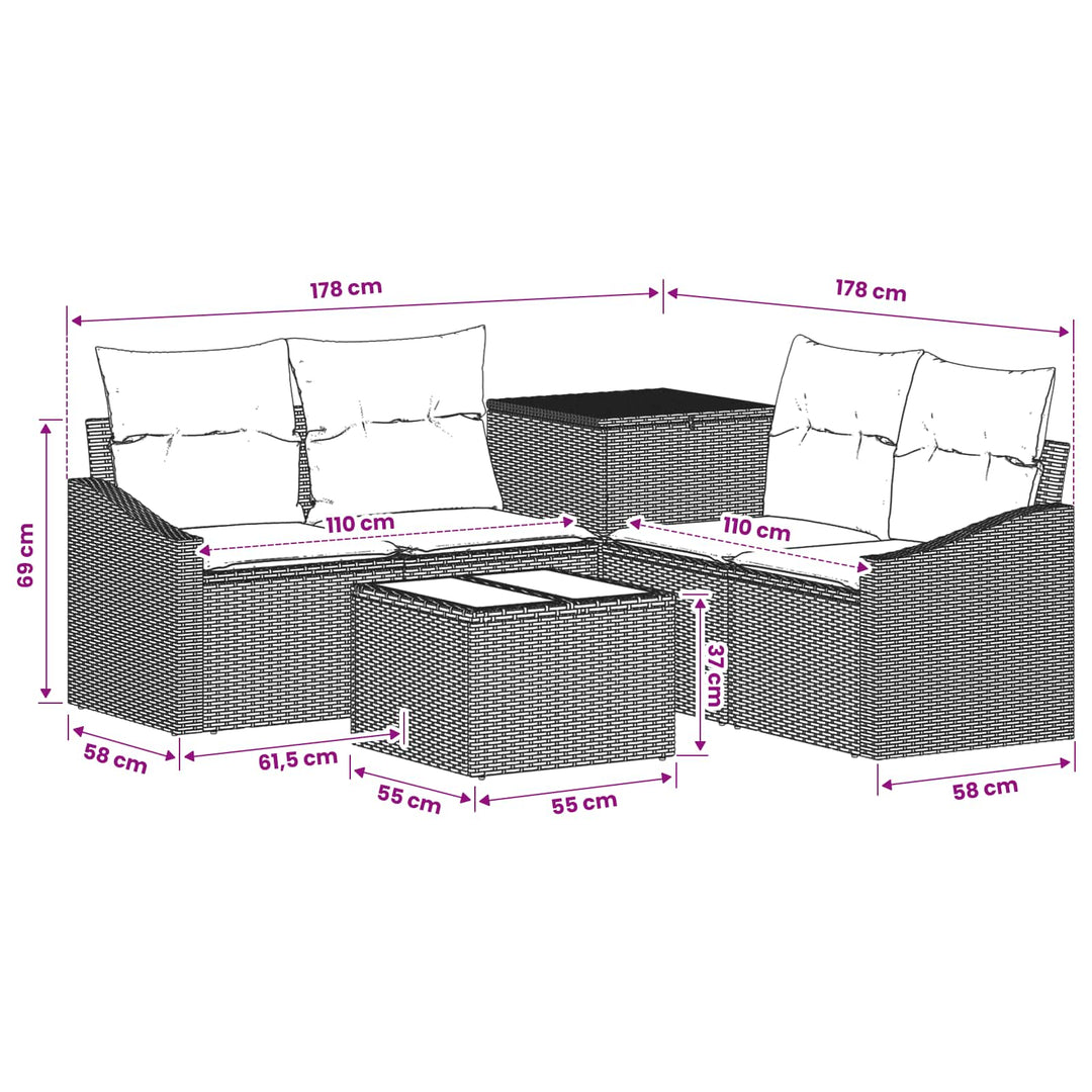 Sofa Sæt 6 stk. Brun og Creme Hvid Poly Rattan og Stål