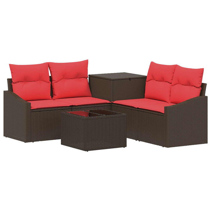 Sofa Sæt 6 stk. Brun og Rød Poly Rattan og Stål