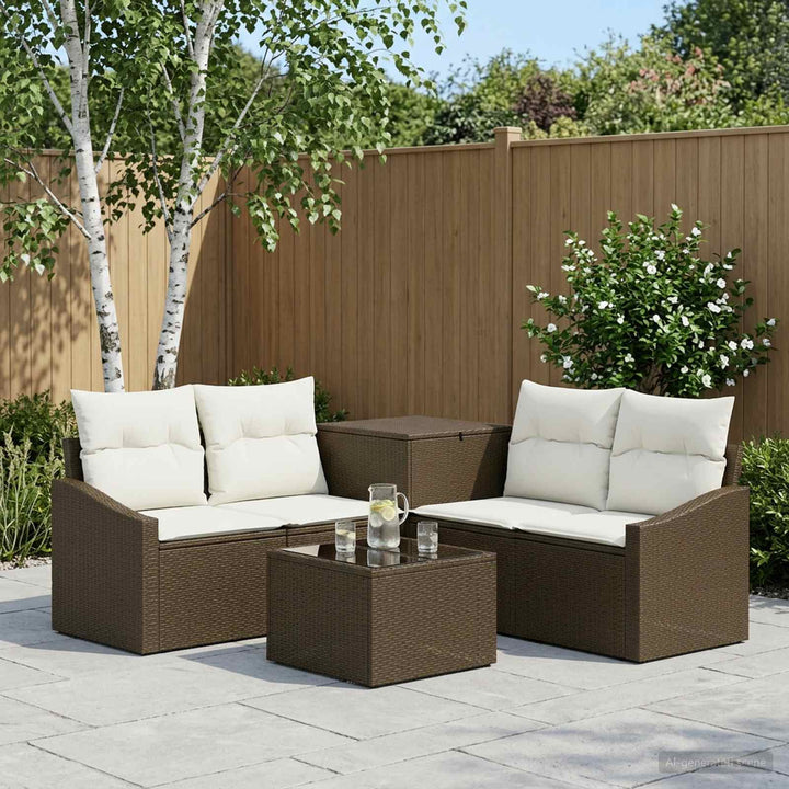 Sofa Sæt 6 stk. Brun og Creme Hvid Poly Rattan og Stål