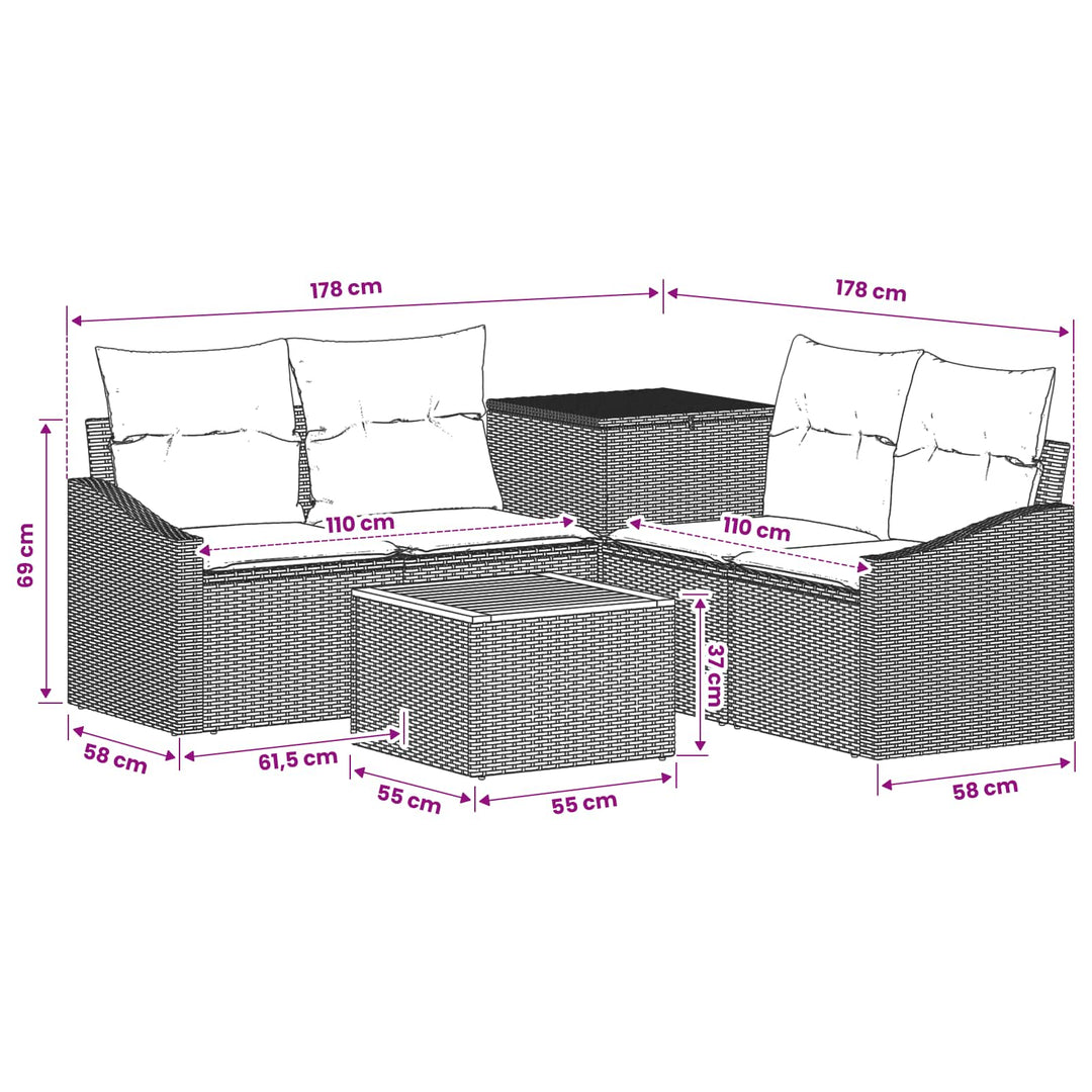 Sofa Sæt 6 stk. Beige og cremehvid Poly Rattan og Stål