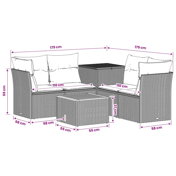 Sofa Sæt 6 stk. Sort Poly Rattan og Stål