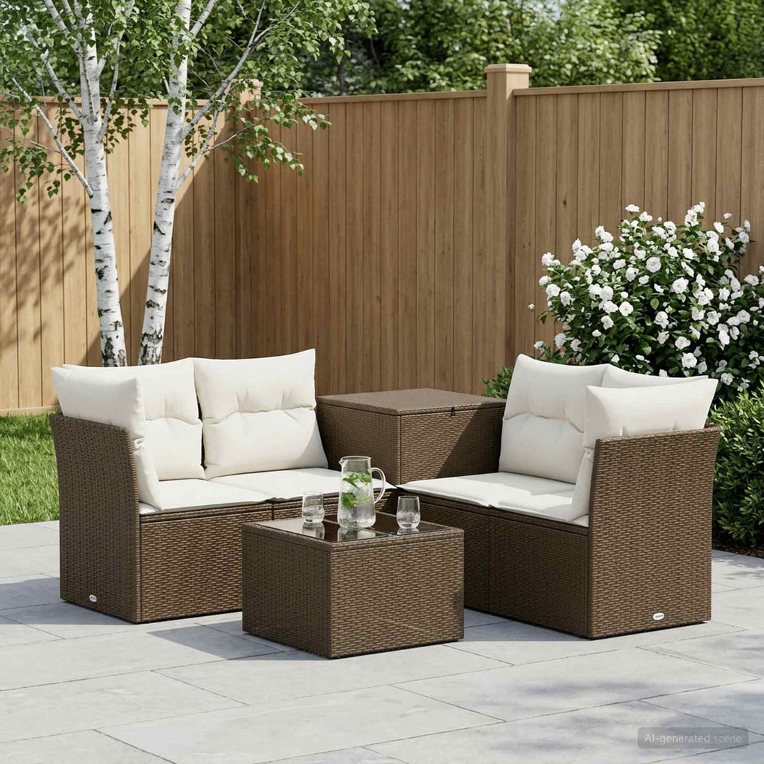 Sofa Sæt 6 stk. Brun og Creme Hvid Poly Rattan og Stål