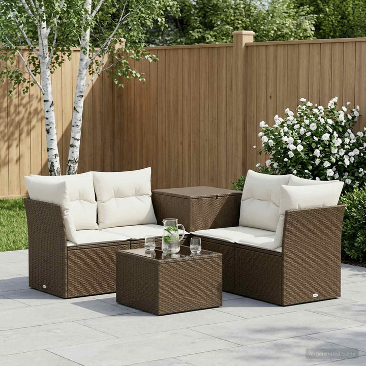 Sofa Sæt 6 stk. Brun og Creme Hvid Poly Rattan og Stål