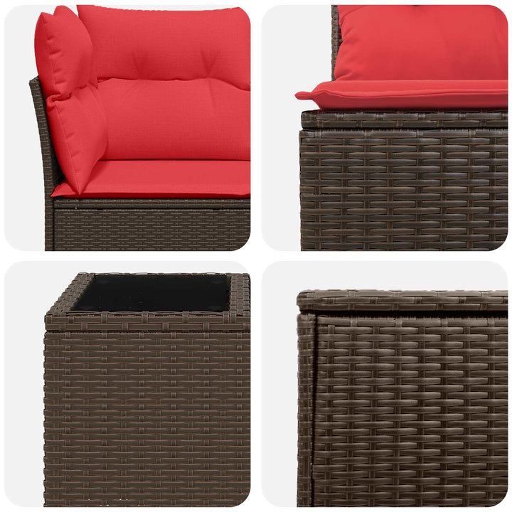 Sofa Sæt 6 stk. Brun og Rød Poly Rattan og Stål