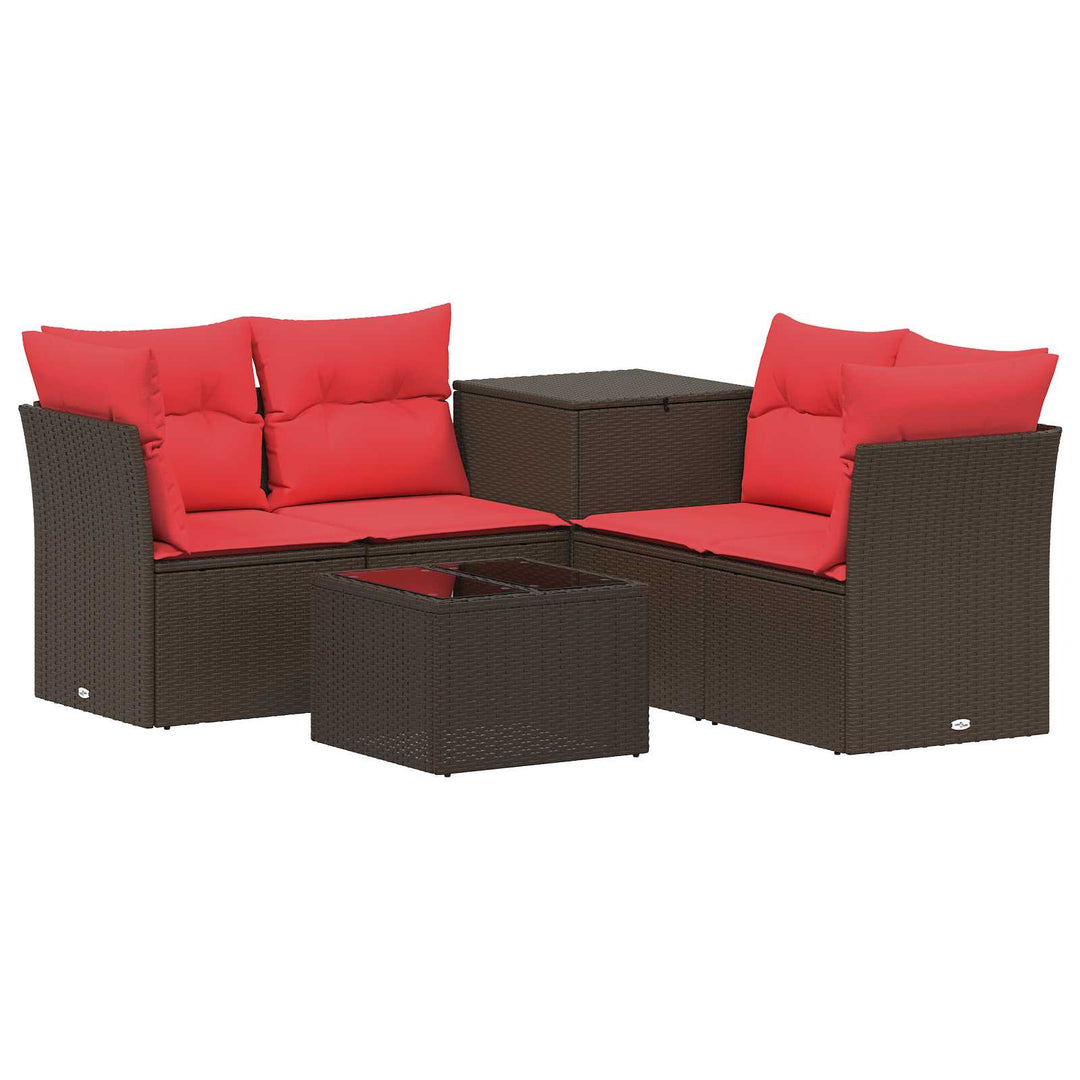 Sofa Sæt 6 stk. Brun og Rød Poly Rattan og Stål