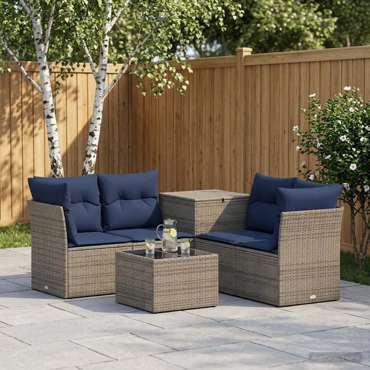 Sofa Sæt 6 stk. Grå og Marineblå Poly Rattan og Stål