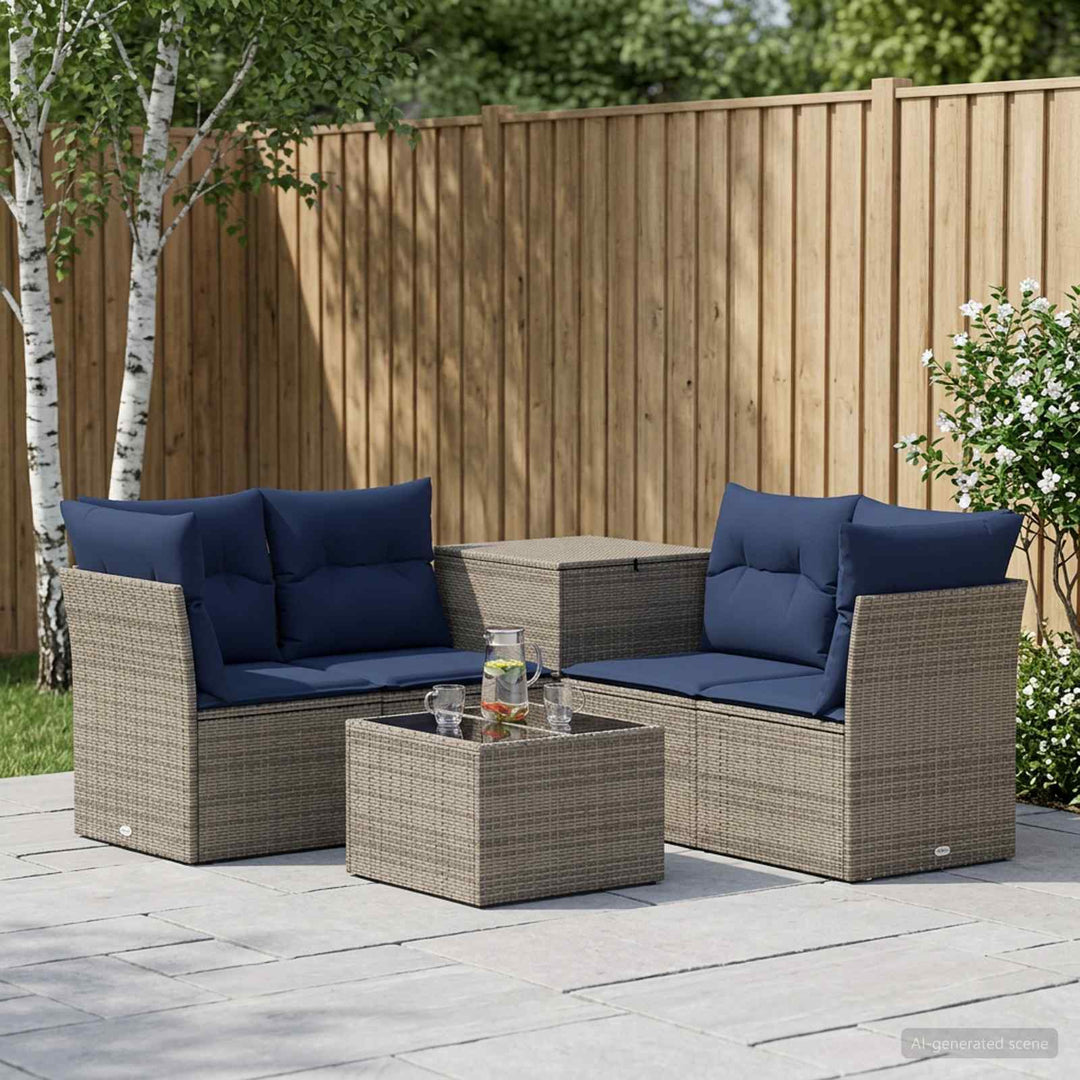 Sofa Sæt 6 stk. Grå og Marineblå Poly Rattan og Stål