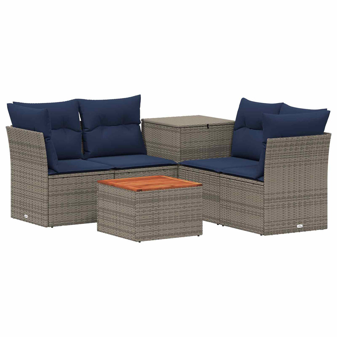 Sofa Sæt 6 stk. Grå og Marineblå Poly Rattan og Stål