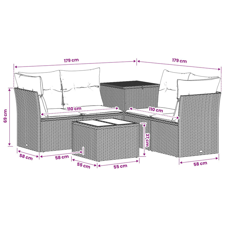 Sofa Sæt 6 stk. Beige og lys grå Poly Rattan og Stål