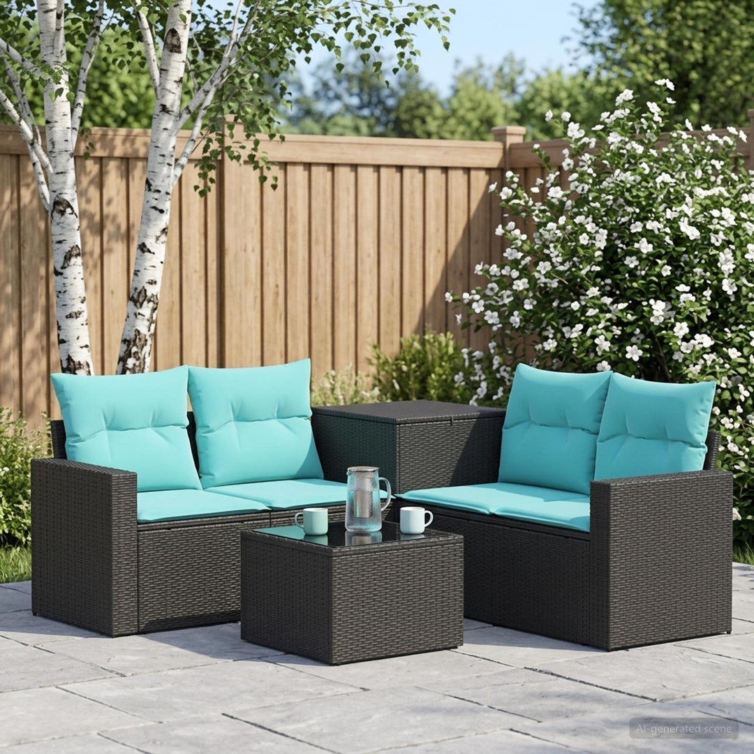 Sofa Sæt 6 stk. Sort og Blå Poly Rattan og Stål