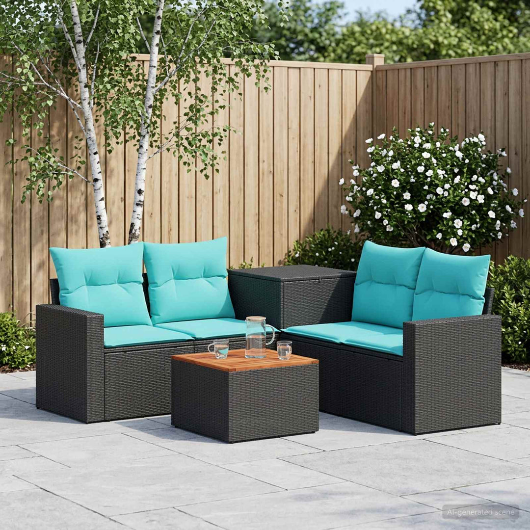 Sofa Sæt 6 stk. Sort og Blå Poly Rattan og Stål