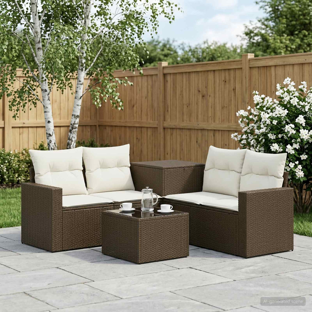 Sofa Sæt 6 stk. Brun og Creme Hvid Poly Rattan og Stål