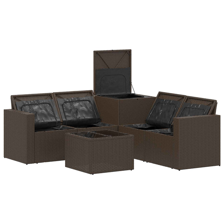 Sofa Sæt 6 stk. Brun og Rød Poly Rattan og Stål