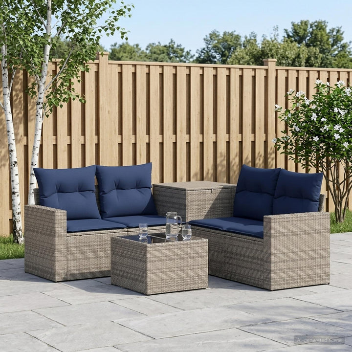 Sofa Sæt 6 stk. Grå og Marineblå Poly Rattan og Stål