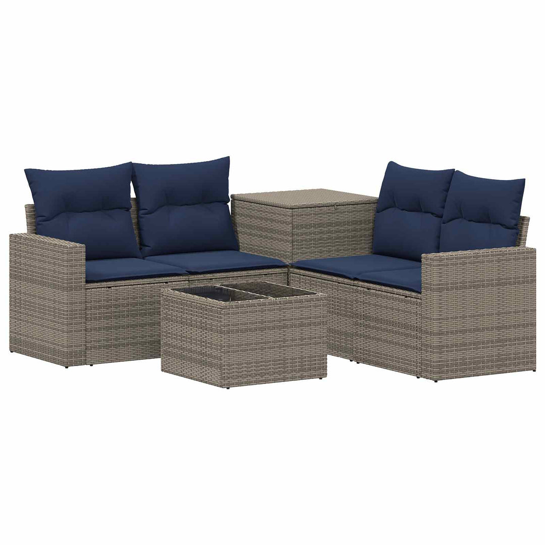 Sofa Sæt 6 stk. Grå og Marineblå Poly Rattan og Stål