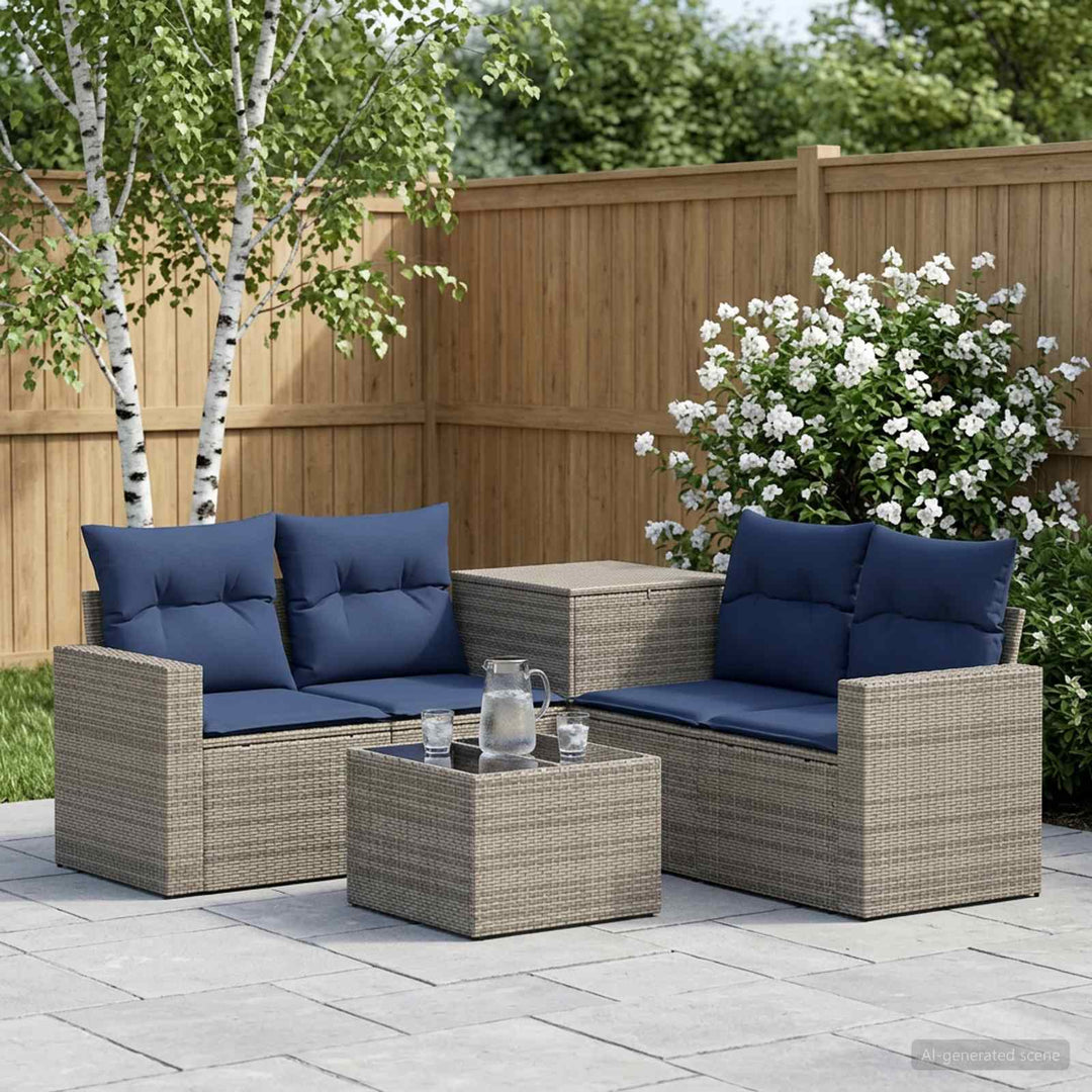 Sofa Sæt 6 stk. Grå og Marineblå Poly Rattan og Stål