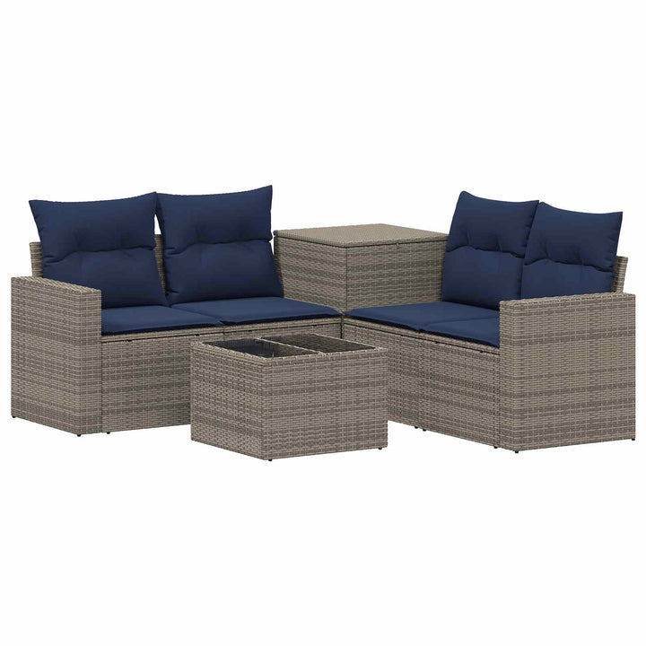 Sofa Sæt 6 stk. Grå og Marineblå Poly Rattan og Stål