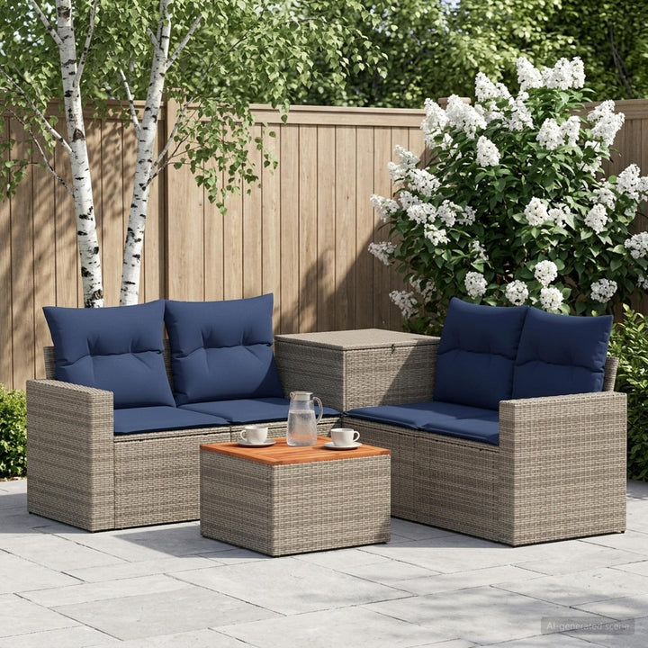 Sofa Sæt 6 stk. Grå og Marineblå Poly Rattan og Stål