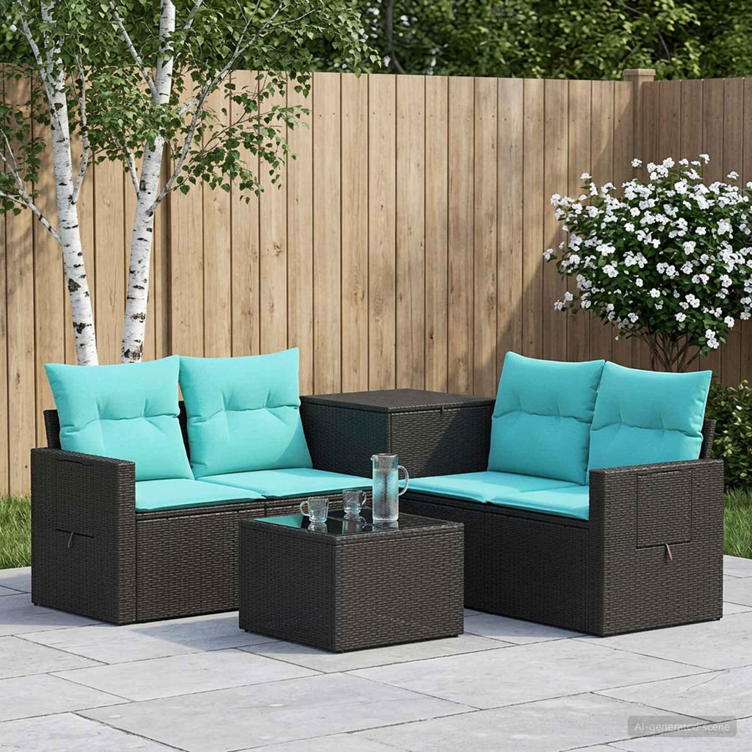 Sofa Sæt 6 stk. Sort og Blå Poly Rattan og Stål