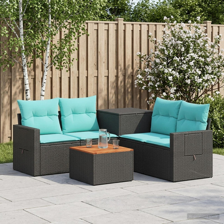 Sofa Sæt 6 stk. Sort og Blå Poly Rattan og Stål