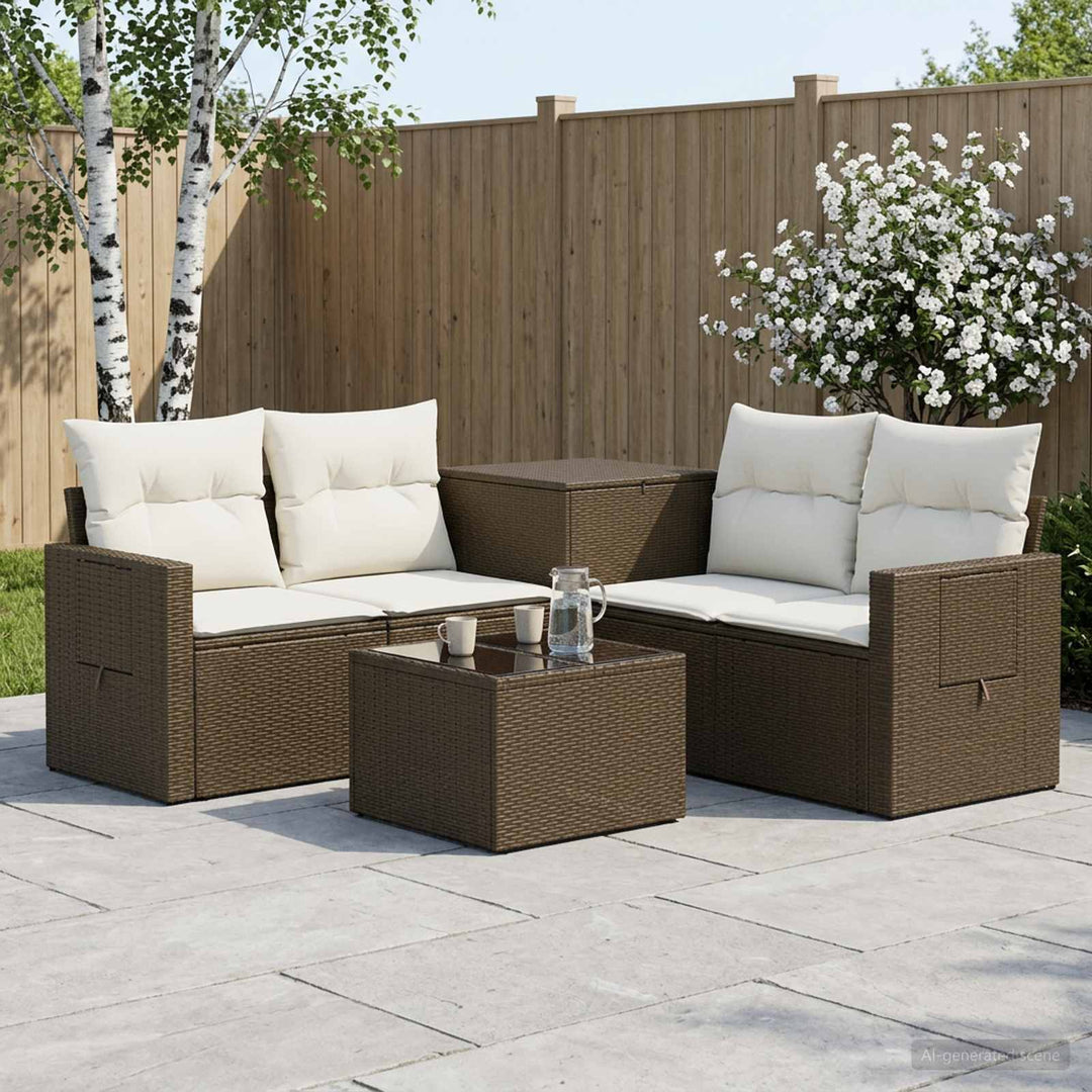 Sofa Sæt 6 stk. Brun og Creme Hvid Poly Rattan og Stål