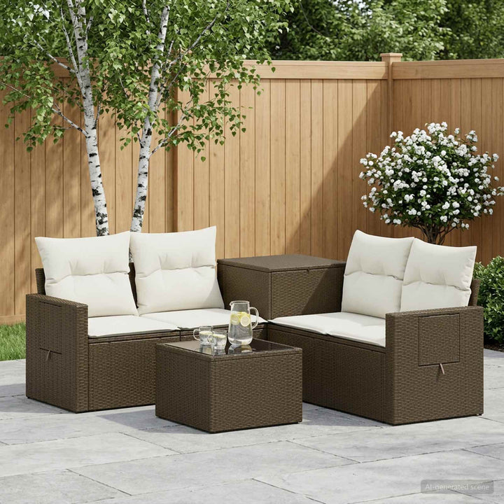 Sofa Sæt 6 stk. Brun og Creme Hvid Poly Rattan og Stål