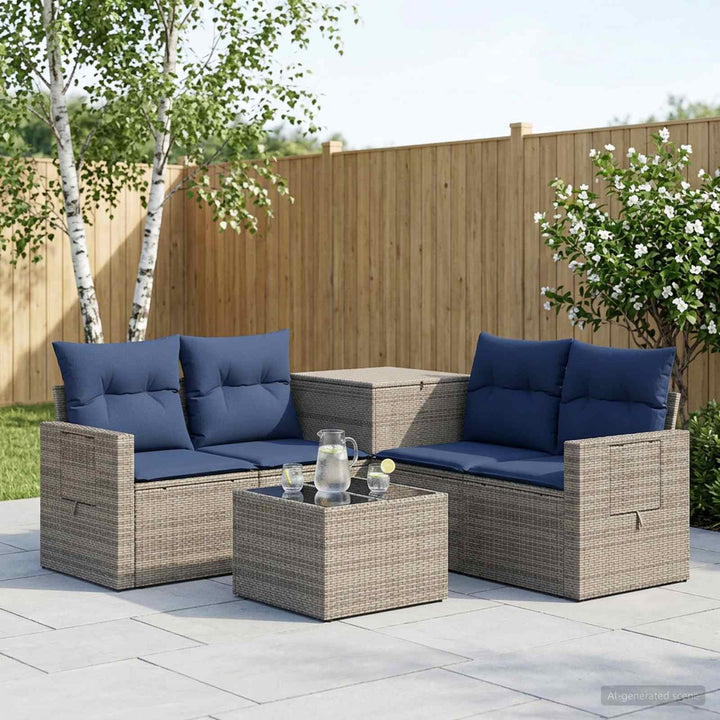 Sofa Sæt 6 stk. Grå og Marineblå Poly Rattan og Stål