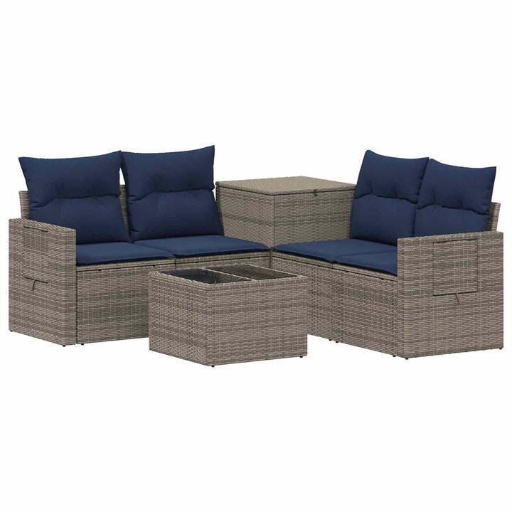 Sofa Sæt 6 stk. Grå og Marineblå Poly Rattan og Stål