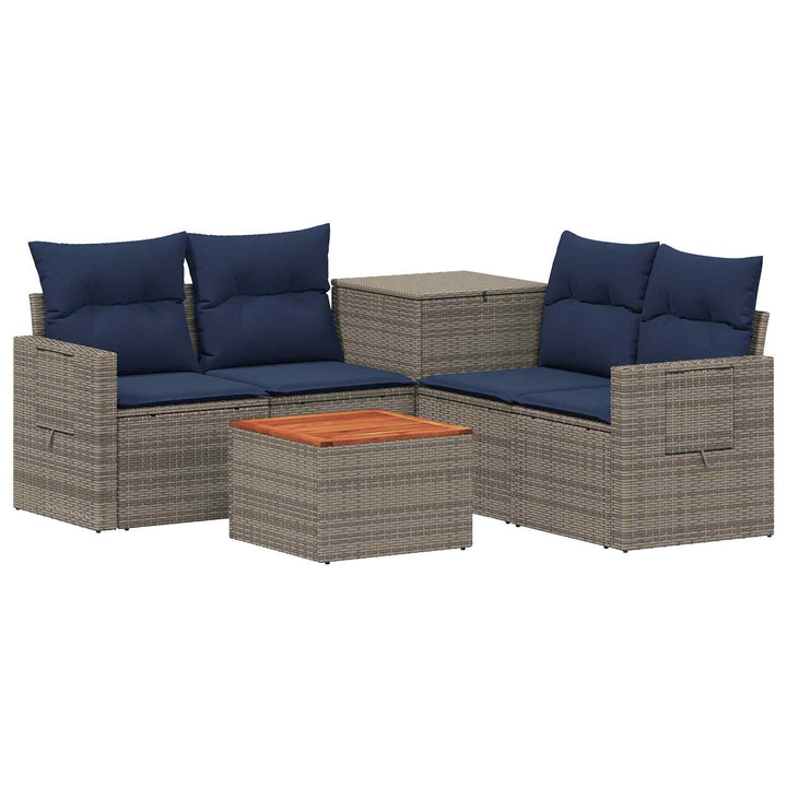 Sofa Sæt 6 stk. Grå og Marineblå Poly Rattan og Stål