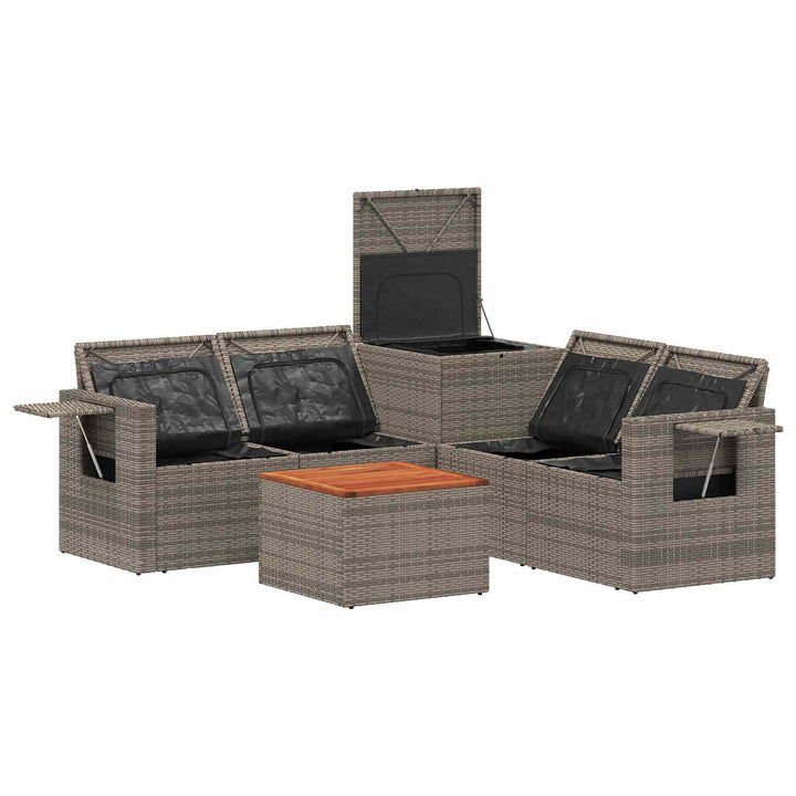 Sofa Sæt 6 stk. Grå og Marineblå Poly Rattan og Stål