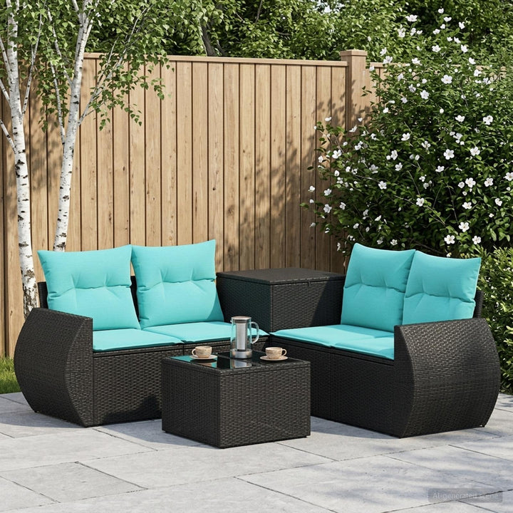 Sofa Sæt 6 stk. Sort og Blå Poly Rattan og Stål