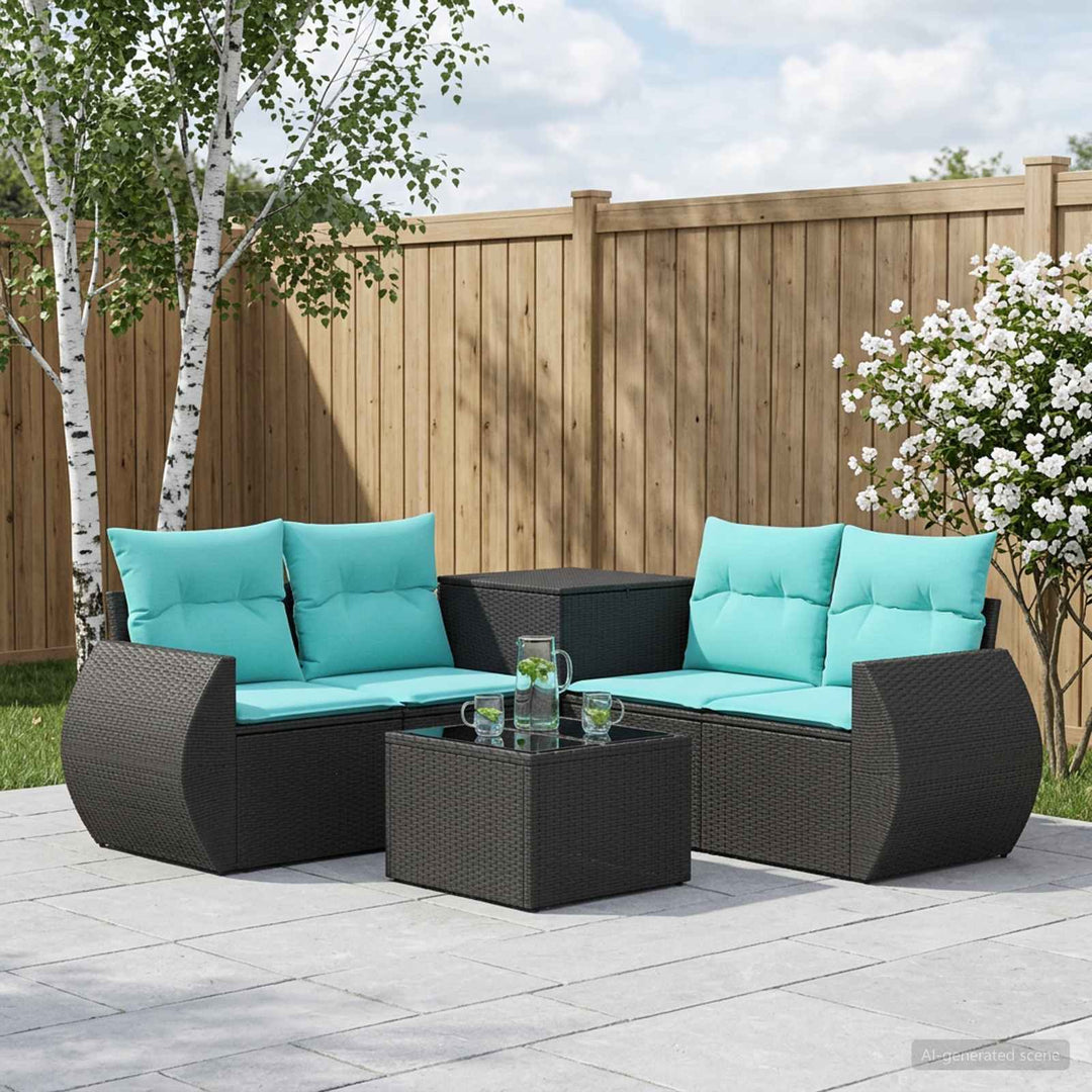 Sofa Sæt 6 stk. Sort og Blå Poly Rattan og Stål
