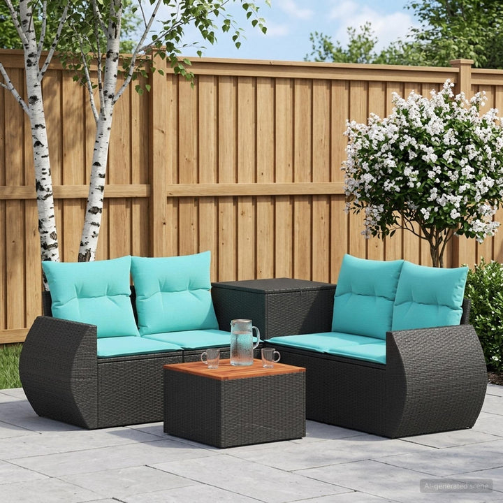 Sofa Sæt 6 stk. Sort og Blå Poly Rattan og Stål