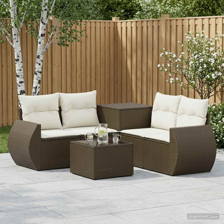 Sofa Sæt 6 stk. Brun og Creme Hvid Poly Rattan og Stål