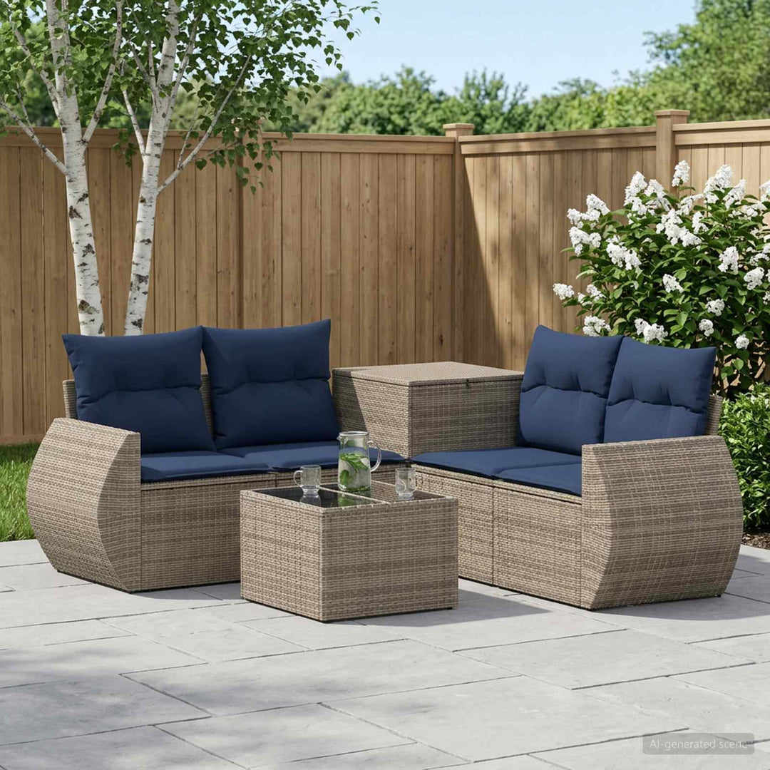 Sofa Sæt 6 stk. Grå og Marineblå Poly Rattan og Stål